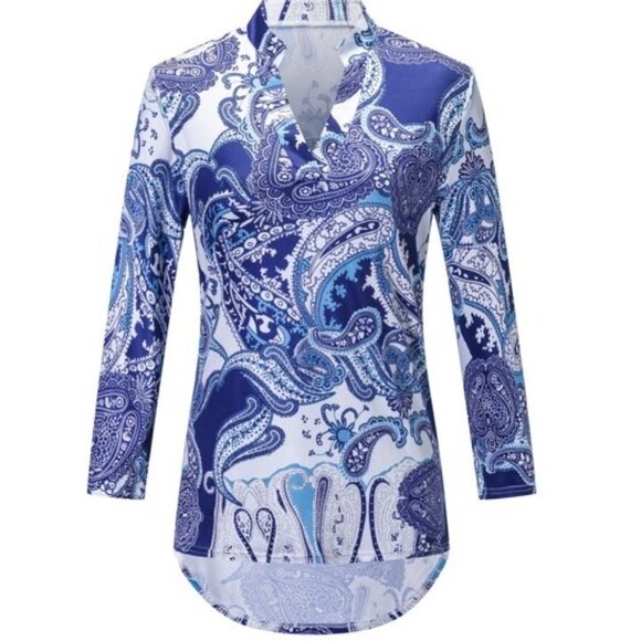 V-Neck Long Sleeve Blue Floral Print Top Sz L - Picture 4 of 4